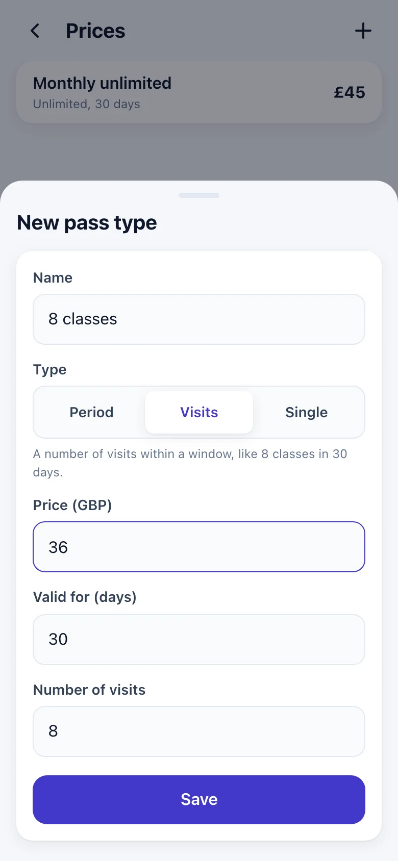 A pass type: 8 visits in 30 days