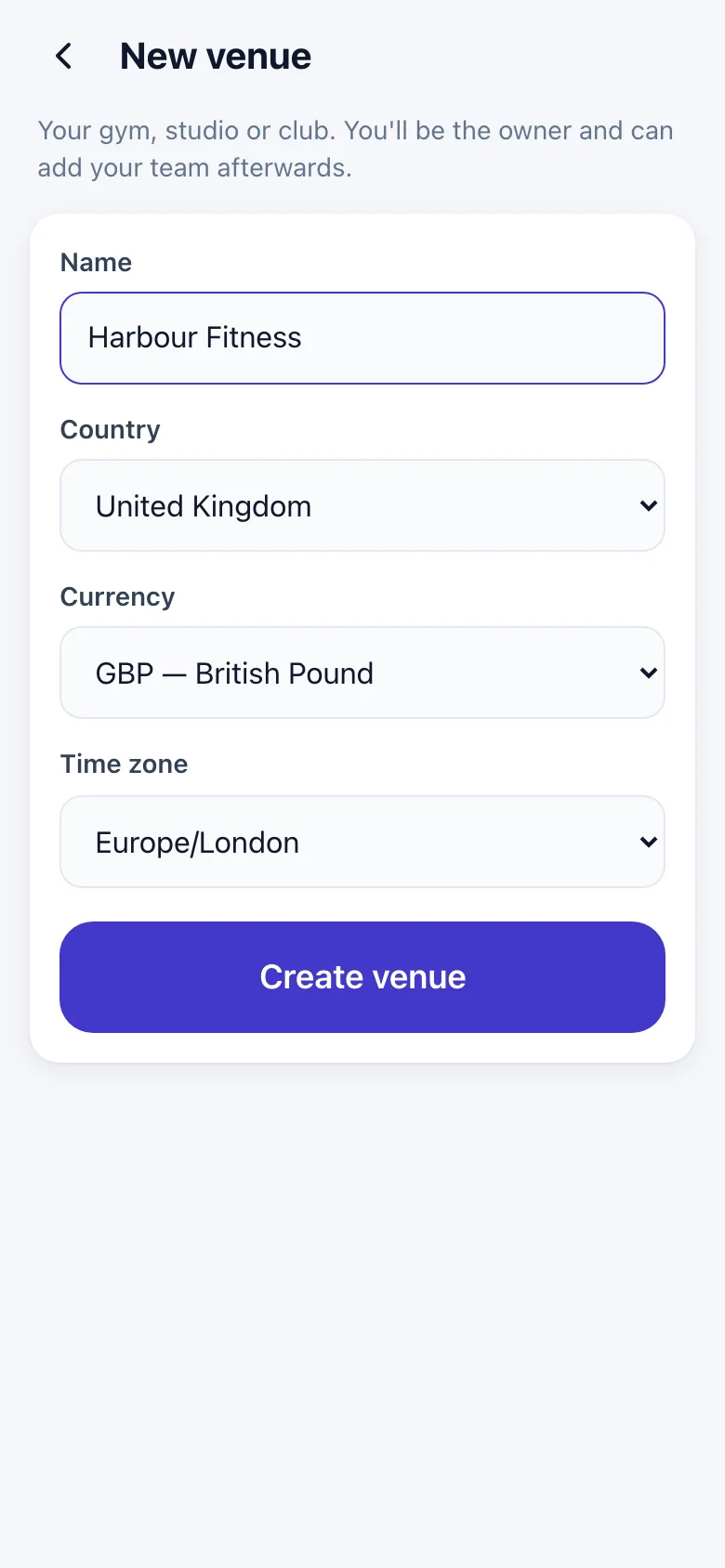 A new venue: name, country, currency, time zone