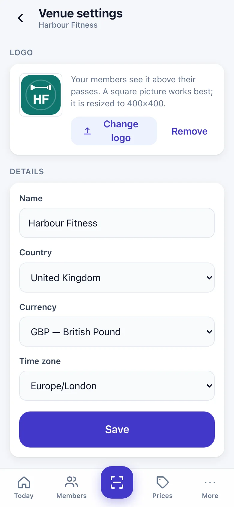 Venue settings with the logo