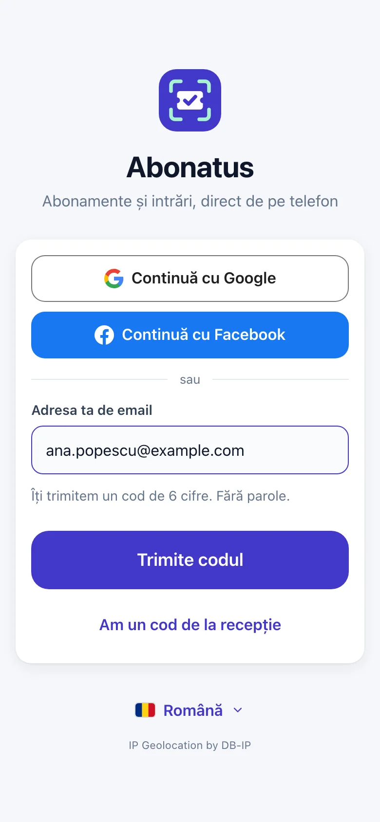 Intrarea în aplicație