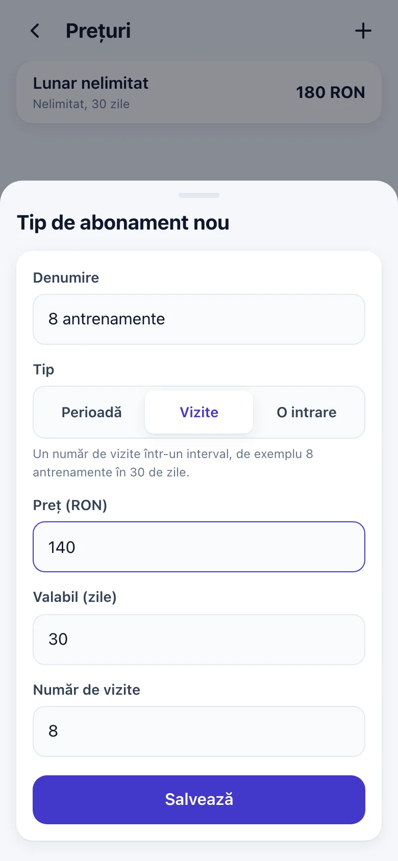 Un tip de abonament: 8 vizite în 30 de zile