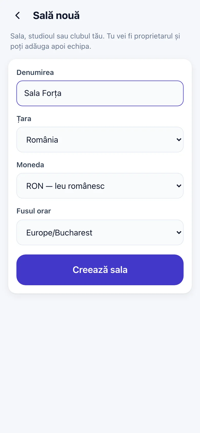 Sală nouă: nume, țară, monedă, fus orar