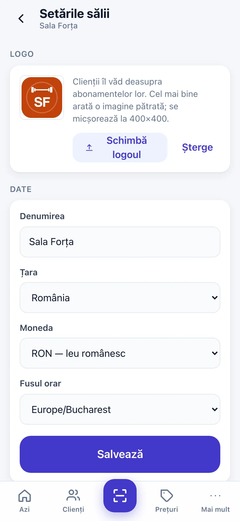 Setările sălii, cu logoul